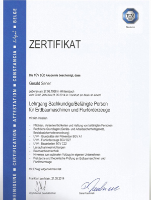 Lehrgang Sachkundige/Befähigte Person für Erdbaumaschinen, Flurförderzeuge und Krane (TÜV SüD Akademie)