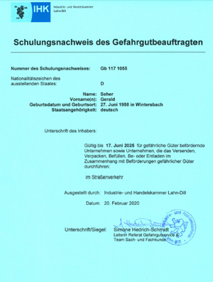 Schulungsnachweis des Gefahrgutbeauftragten IHK Lahn-Dill